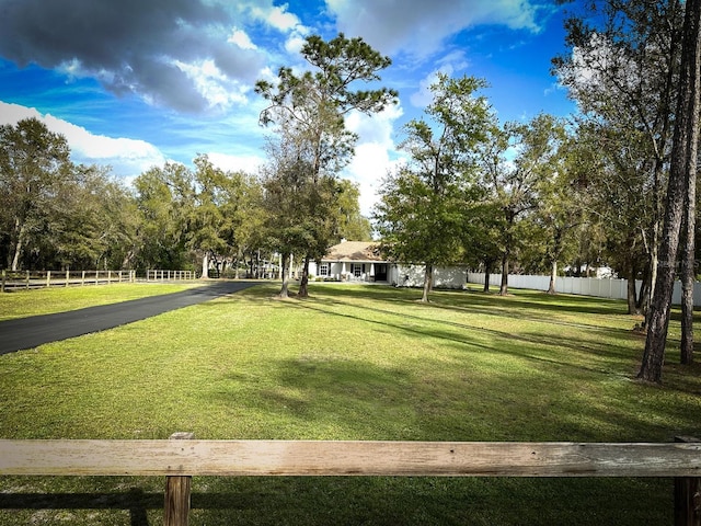 view of property's community featuring a yard and fence