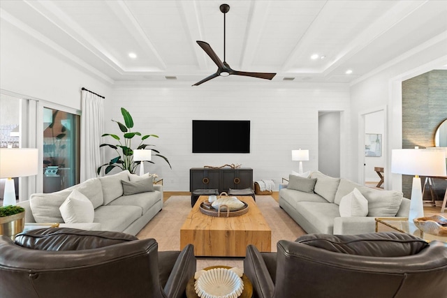 living room with recessed lighting, beam ceiling, and a ceiling fan