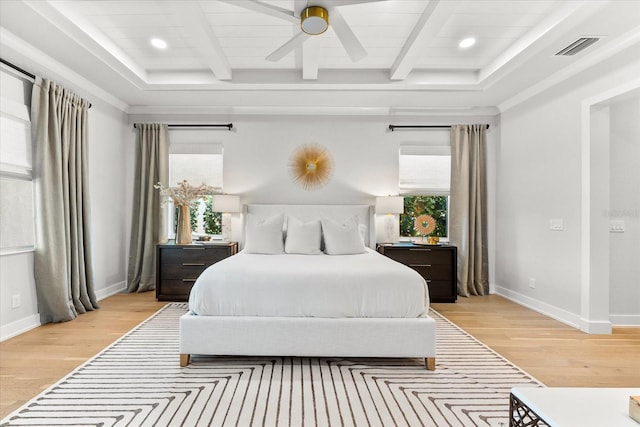 bedroom featuring baseboards, visible vents, beam ceiling, light wood-style flooring, and recessed lighting