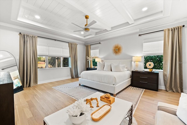 bedroom featuring light wood-style flooring, baseboards, beamed ceiling, and ceiling fan