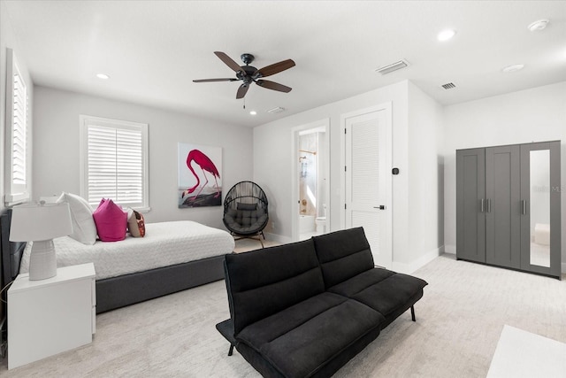 bedroom featuring visible vents, a ceiling fan, recessed lighting, connected bathroom, and baseboards