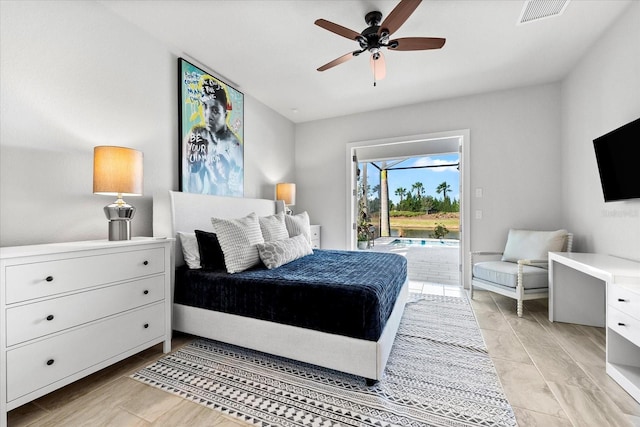 bedroom featuring visible vents, access to exterior, and a ceiling fan