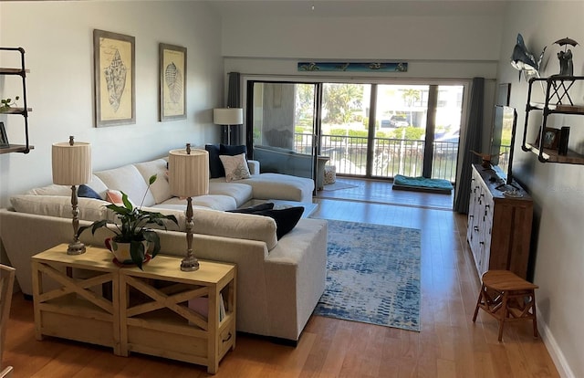 living area with baseboards and wood finished floors