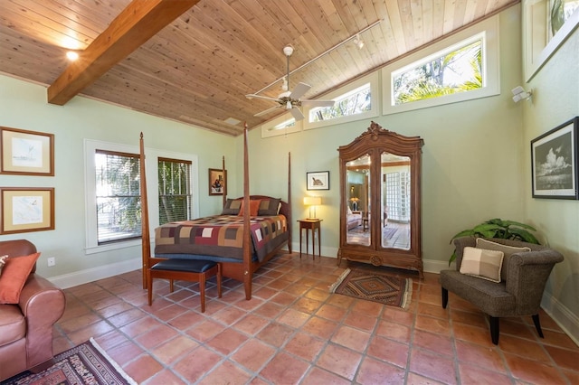 bedroom featuring light tile patterned floors, wooden ceiling, baseboards, beamed ceiling, and high vaulted ceiling