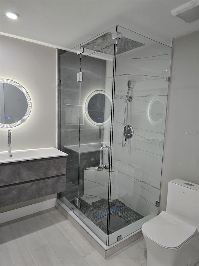 bathroom with toilet, a shower stall, and vanity