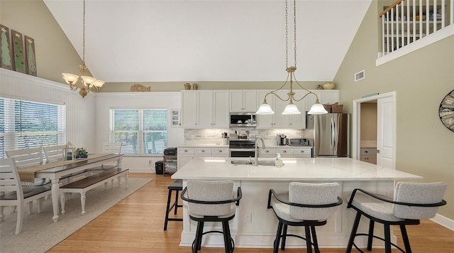 kitchen featuring visible vents, light wood-style flooring, a sink, light countertops, and appliances with stainless steel finishes