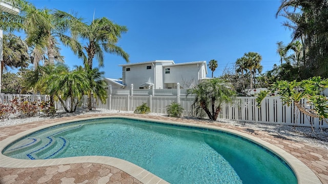 view of swimming pool featuring a fenced backyard and a fenced in pool