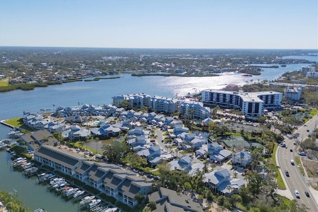 bird's eye view with a water view and a view of city