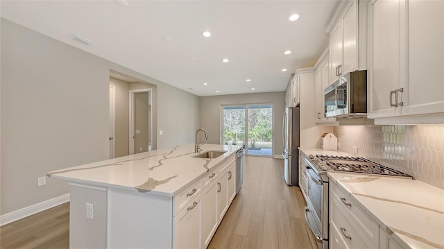 kitchen with decorative backsplash, stainless steel appliances, light wood-style floors, and a sink