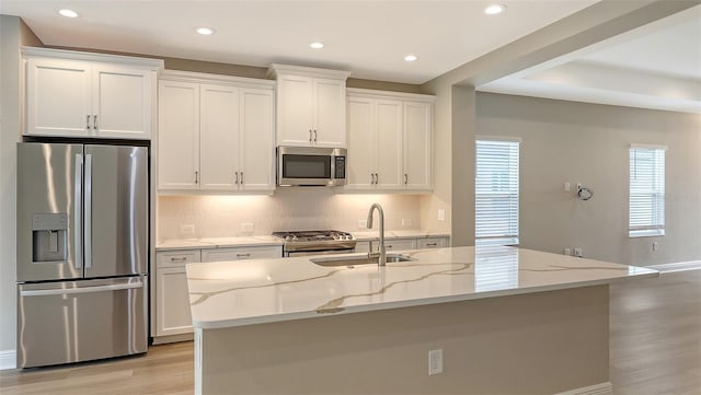 kitchen with a sink, tasteful backsplash, white cabinetry, stainless steel appliances, and light wood-style floors