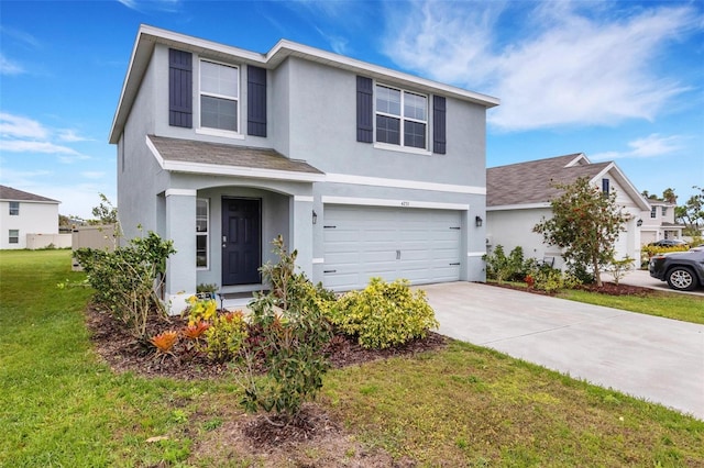 traditional home with an attached garage, a shingled roof, stucco siding, concrete driveway, and a front lawn