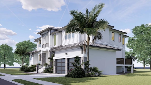 view of property exterior with stucco siding, metal roof, a yard, an attached garage, and a standing seam roof