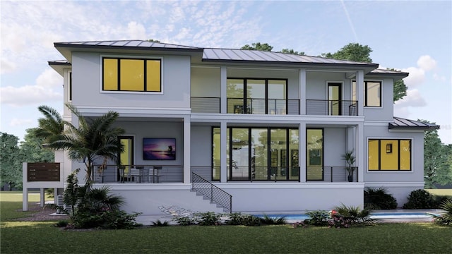 back of house featuring stucco siding, a balcony, and a standing seam roof