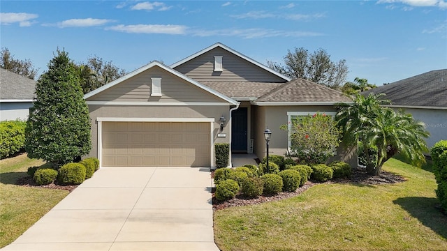 ranch-style house featuring an attached garage, a front yard, roof with shingles, stucco siding, and driveway