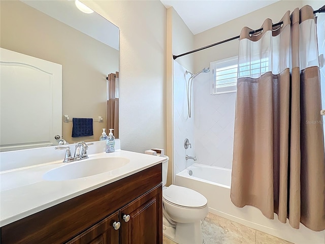 full bathroom with shower / bath combination with curtain, toilet, and vanity