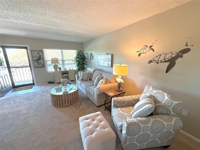 living room featuring baseboards, carpet floors, and a textured ceiling