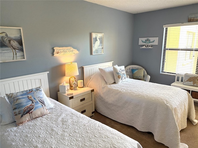 bedroom with carpet and a textured ceiling