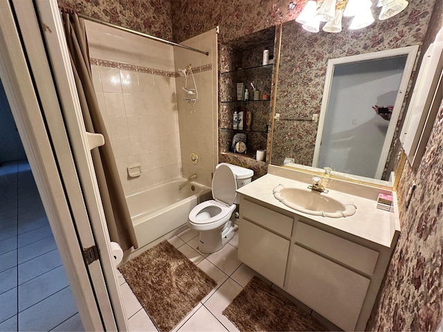 bathroom with tile patterned flooring, wallpapered walls, toilet, shower / tub combination, and vanity