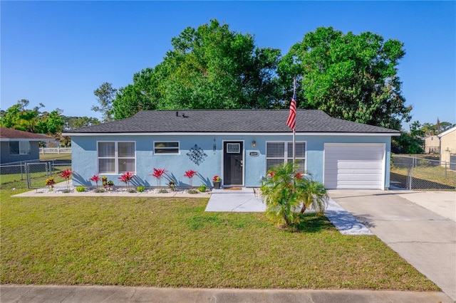 ranch-style home with stucco siding, a front lawn, fence, concrete driveway, and an attached garage