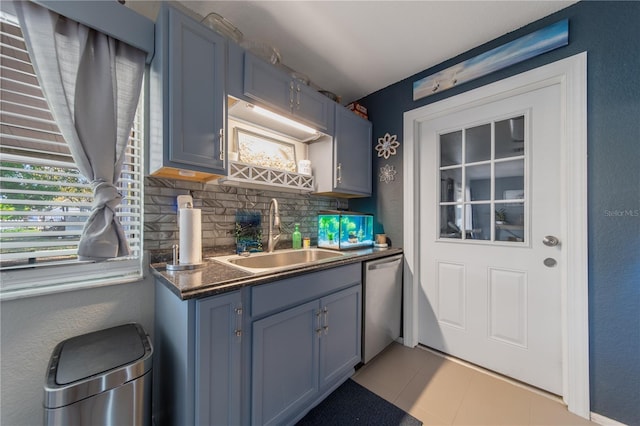 kitchen with dark countertops, a sink, decorative backsplash, blue cabinets, and stainless steel dishwasher