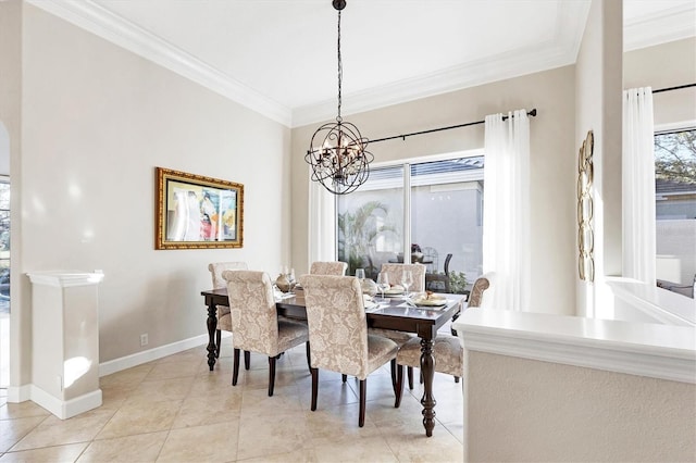 dining space with an inviting chandelier, light tile patterned flooring, baseboards, and ornamental molding