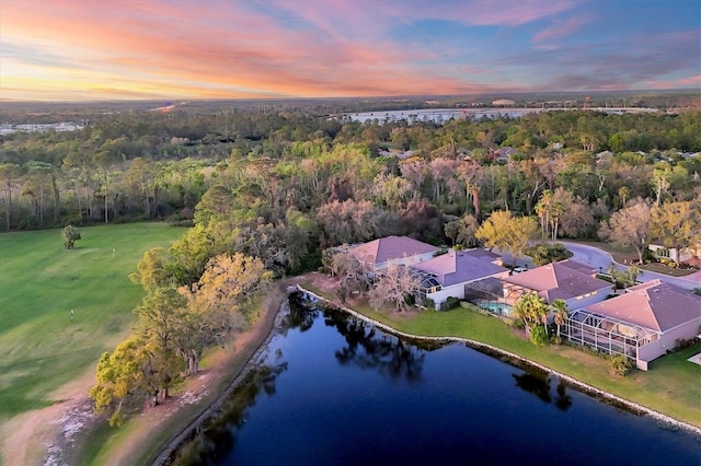 birds eye view of property with a water view and a wooded view