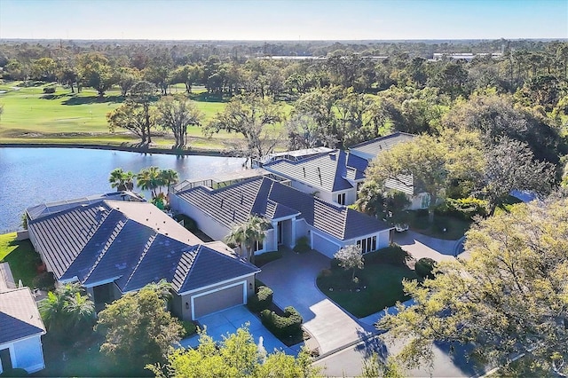 drone / aerial view with a water view