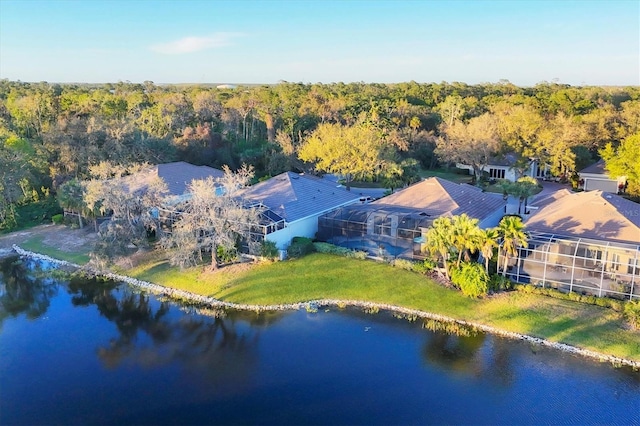 birds eye view of property with a forest view and a water view