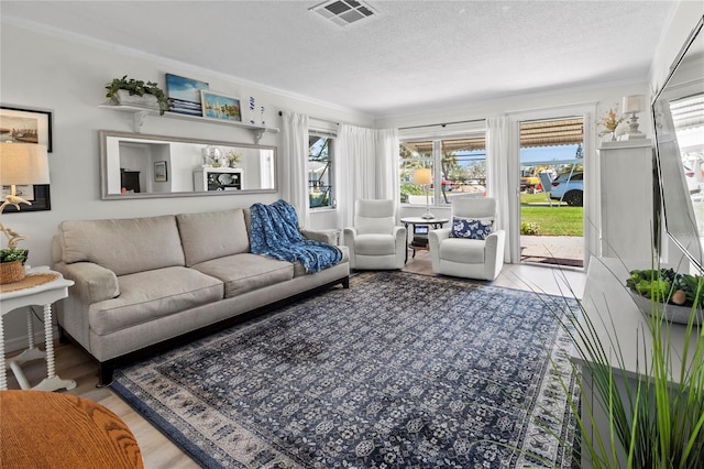 living room with wood finished floors, visible vents, and a textured ceiling