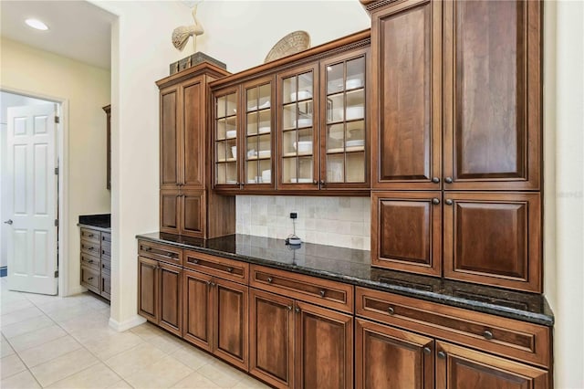 bar featuring light tile patterned floors, decorative backsplash, and recessed lighting