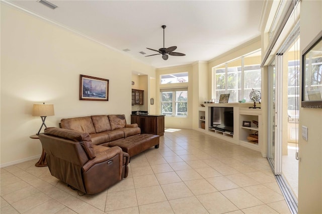 living room featuring light tile patterned floors, visible vents, ornamental molding, and a ceiling fan