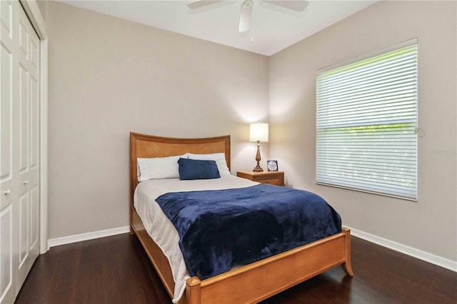 bedroom featuring wood finished floors, baseboards, a closet, and ceiling fan