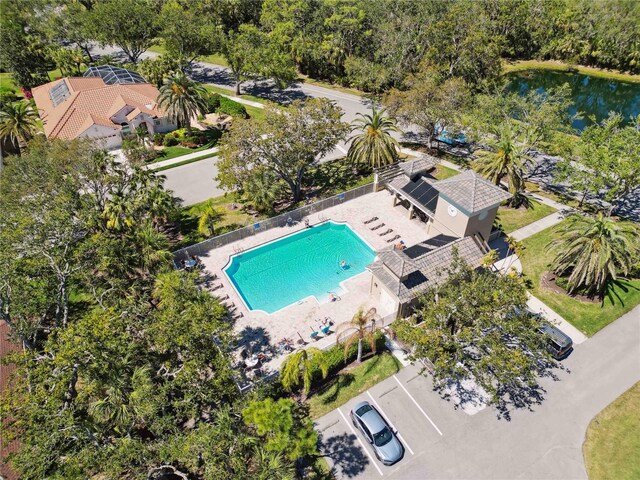 aerial view featuring a water view