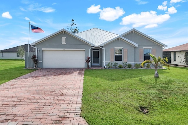 ranch-style house with a front lawn, decorative driveway, an attached garage, and stucco siding