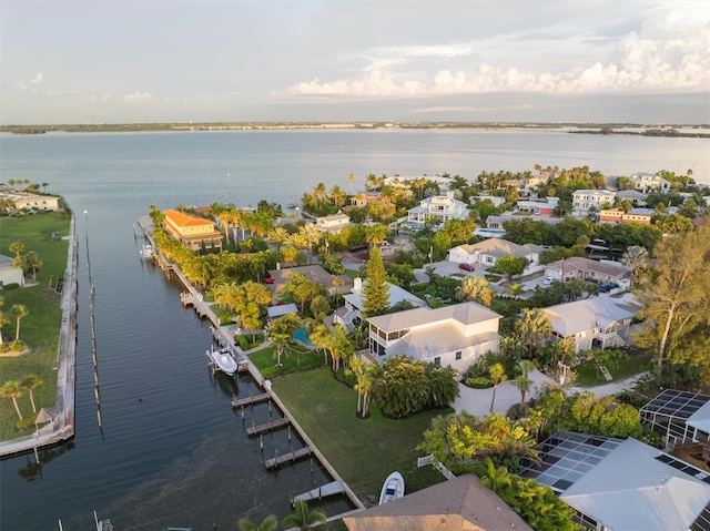 aerial view featuring a water view and a residential view