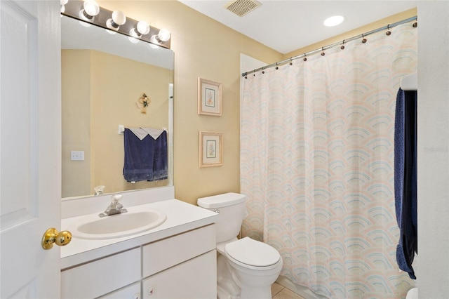 full bath featuring visible vents, toilet, curtained shower, tile patterned flooring, and vanity