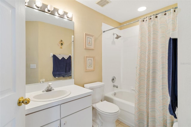 bathroom with tile patterned flooring, visible vents, toilet, shower / tub combo with curtain, and vanity