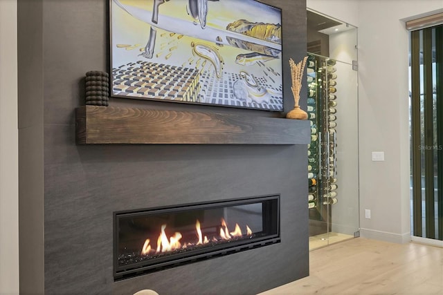 details with a glass covered fireplace, baseboards, and wood finished floors