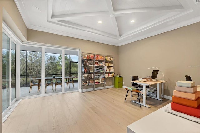 office with beam ceiling, crown molding, wood finished floors, and baseboards