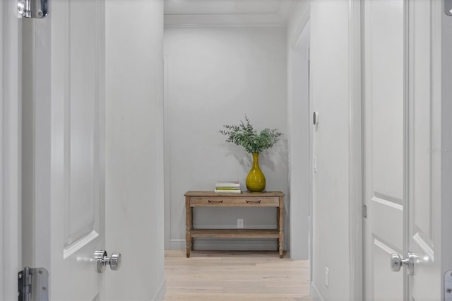 corridor with baseboards, light wood-style floors, and ornamental molding