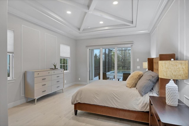 bedroom with beam ceiling, light wood-style flooring, coffered ceiling, baseboards, and access to exterior