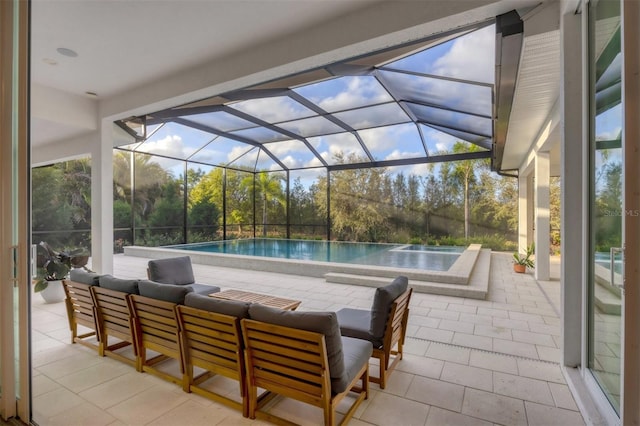 view of patio / terrace featuring glass enclosure, an outdoor pool, and an outdoor hangout area