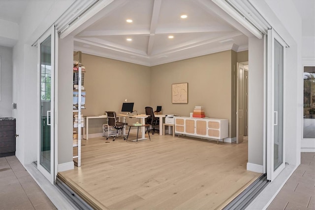 home office featuring recessed lighting, coffered ceiling, wood finished floors, beamed ceiling, and baseboards