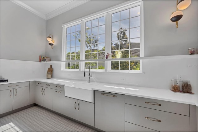 kitchen with gray cabinetry, a sink, and a healthy amount of sunlight