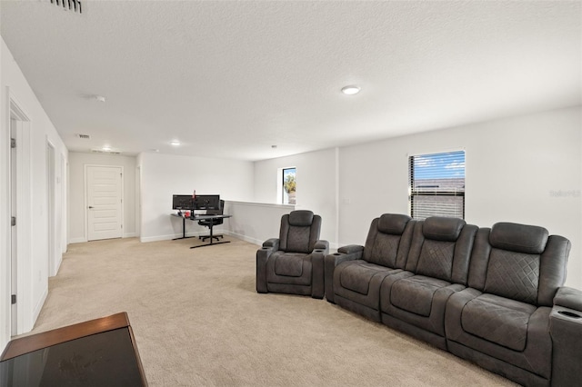 living room featuring baseboards, light colored carpet, a healthy amount of sunlight, and a textured ceiling