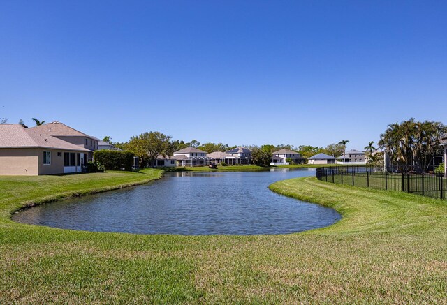 property view of water featuring a residential view and fence