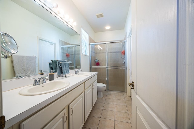 bathroom with a sink, visible vents, a shower stall, and tile patterned floors