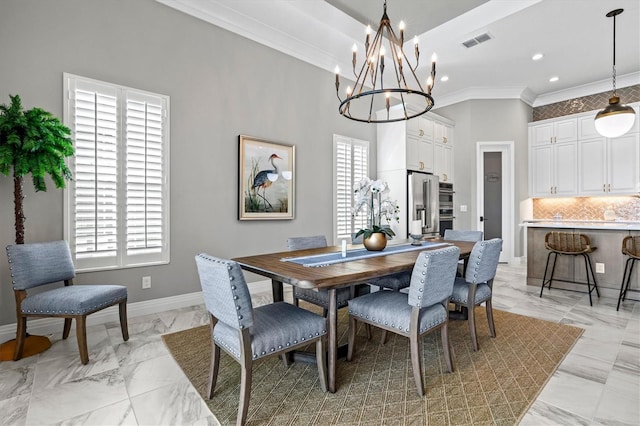 dining area with baseboards, visible vents, an inviting chandelier, ornamental molding, and marble finish floor