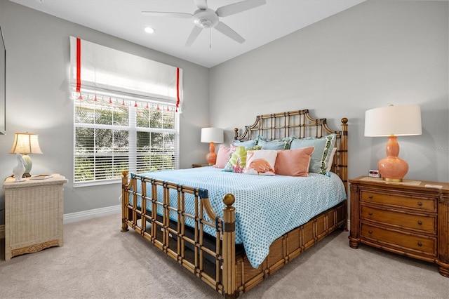 bedroom featuring recessed lighting, baseboards, light carpet, and ceiling fan