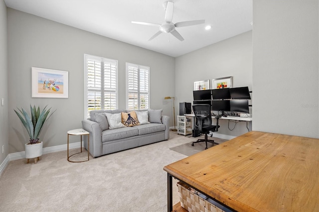 carpeted home office with recessed lighting, baseboards, and a ceiling fan